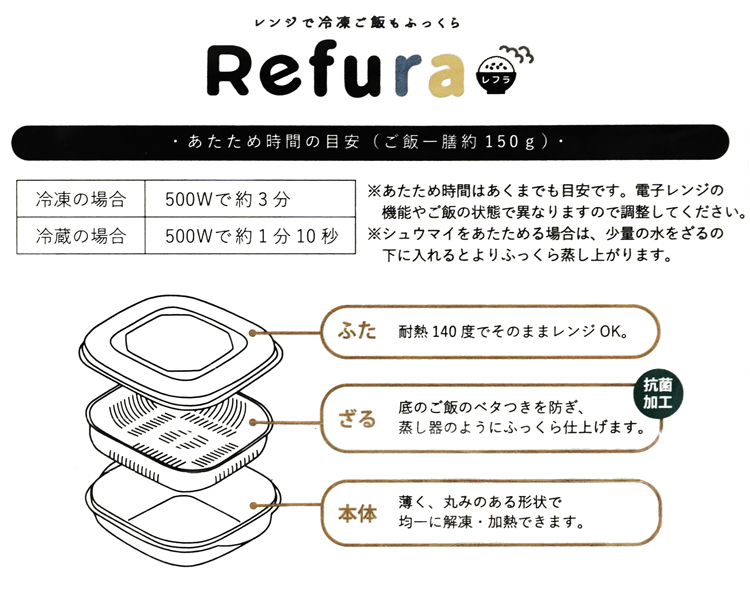 冷凍ご飯もふっくら解凍 Refura(レフラ) 3色セット &NE(アンドエヌイー) NIK-137 温め時間の目安