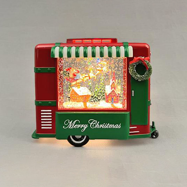 スノーイングライトツーリングカー 電子オルゴール(8曲) クリスマス置物 キャンピングカー型スノードーム LEDライト YP40209