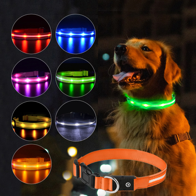 犬の光る首輪 LED点滅ライト オレンジ S～L ペット 夜間散歩 USB充電