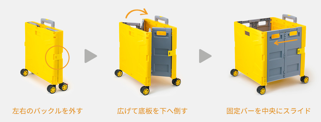 折りたたみ階段コンテナキャリーカートを展開するイメージ (イエロー&グレー) フタ収納型 48L 4輪式 FW548