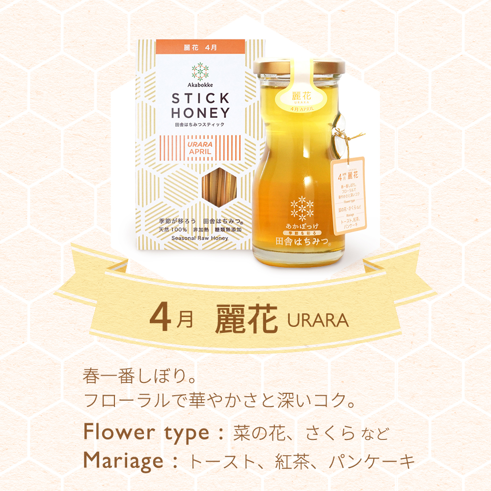 あかぼっけ 田舎はちみつ 4月 麗花 URARA 味わいを説明
