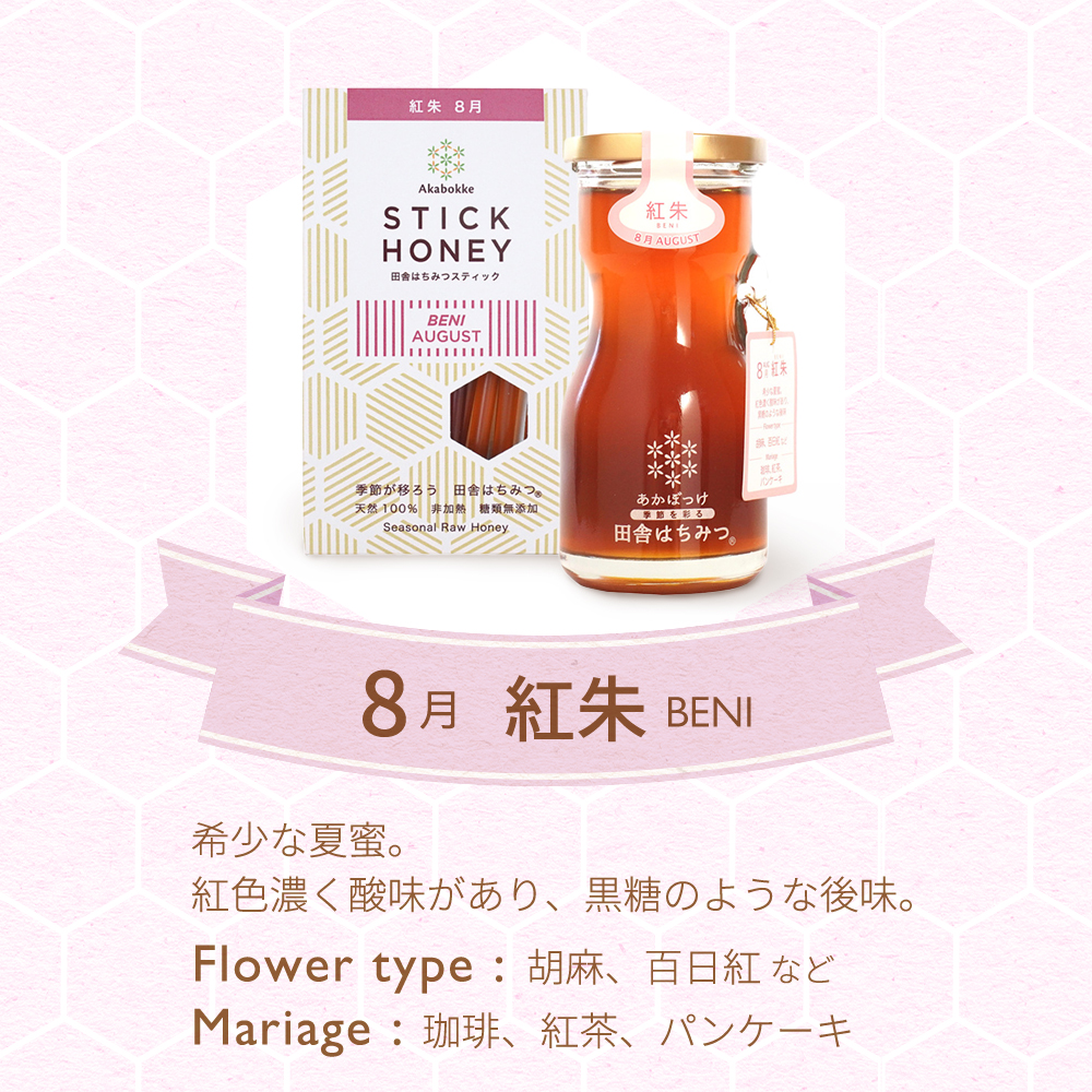 あかぼっけ 田舎はちみつ 8月 紅朱 BENI 味わいを説明