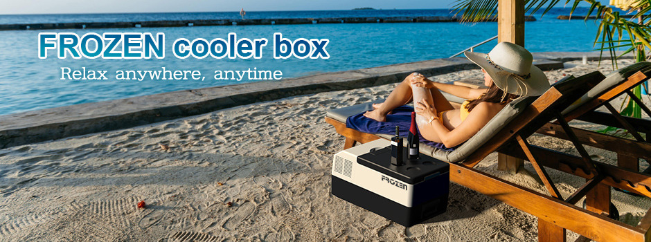 FROZEN FCR15 ポータブル冷凍冷蔵庫 浜辺で使用しているイメージ アウトドア・キャンプに最適 クーラーボックス