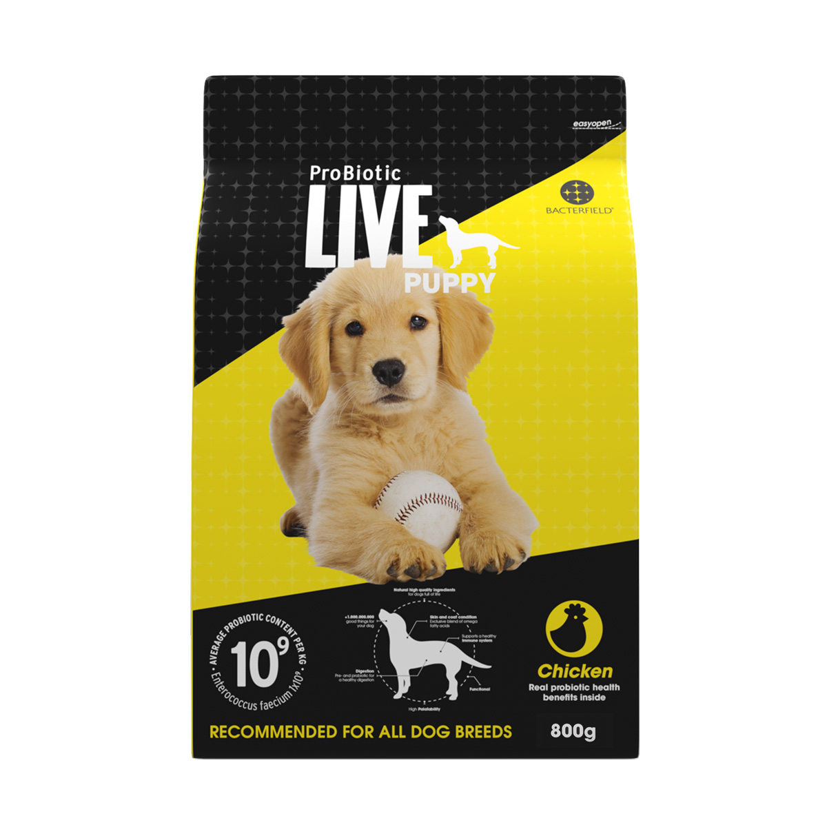 ProBiotic LIVE 全犬種 子犬用 チキン800g 特許取得 機能性スーパープレミアムドッグフード プロバイオティック ライブ 生きた善玉細菌配合 無添加原料 BACTERFIELD