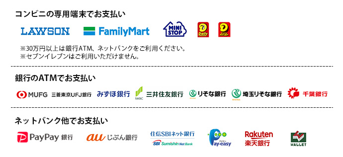 コンビニ専用端末での支払、銀行ATM・窓口での支払、ネットバンク他での支払(LAWSON,FamilyMart,MINISTOP,ヤマザキ,UFJ,みずほ,三井住友,りそな,埼玉りそな,千葉銀行,PayPay,au,SBI,Pay easy,楽天,WALLET)